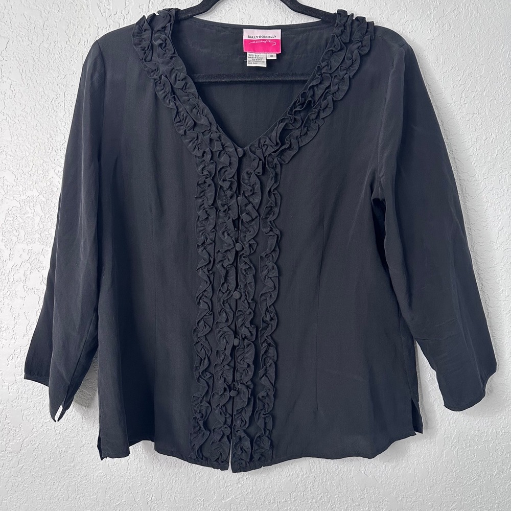 Sully Bonnelly Black Silk Ruffle V Neck 3/4 Sleeve Top Women's‎ Size 10